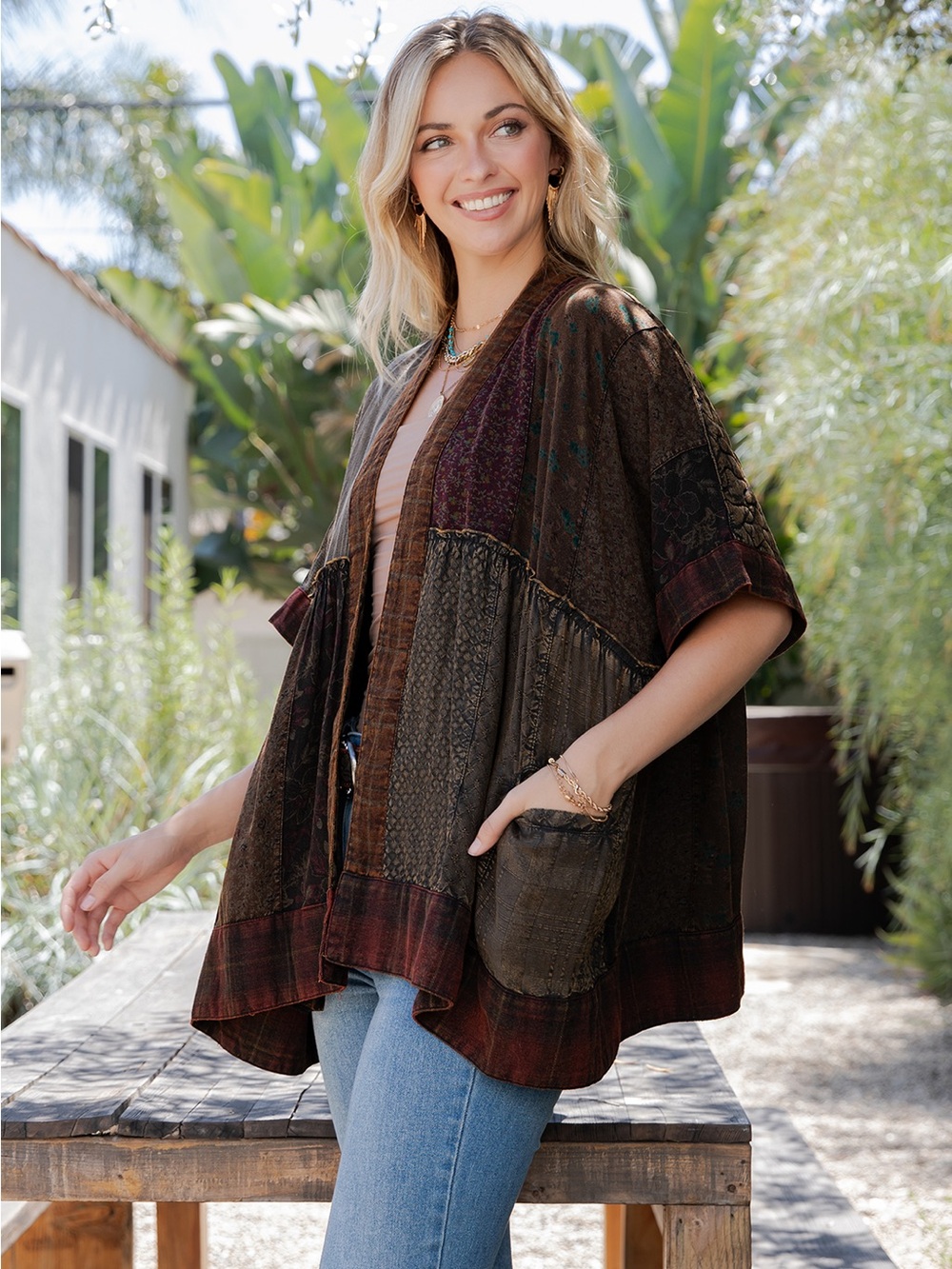 # 70 New! Boho Patchwork Open-Front Jacket - Brown